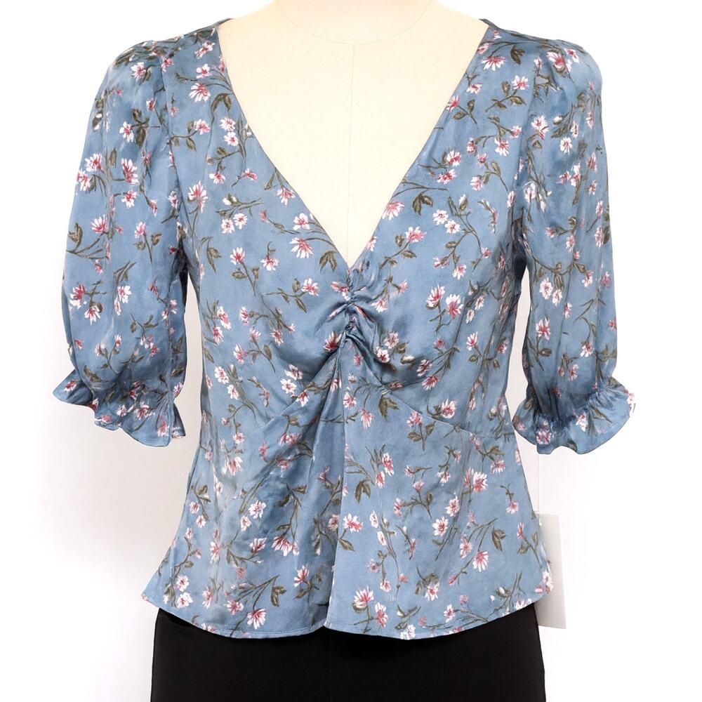 WAYF Dusty Blue Floral Puff Sleeve Top | Size Small | NWT